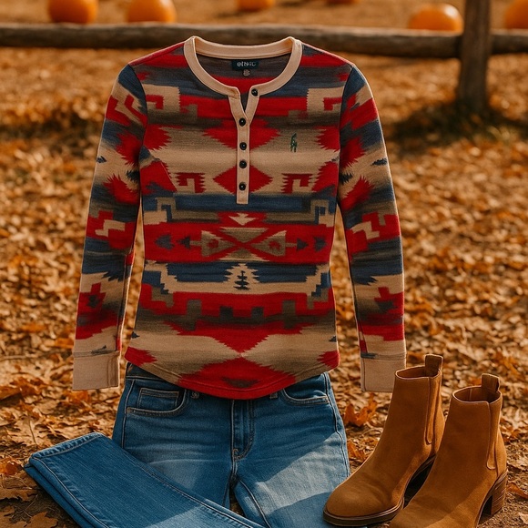 Ralph Lauren Southwestern Aztec Print Henley Top XS Long Sleeve Boho Western - Picture 1 of 5